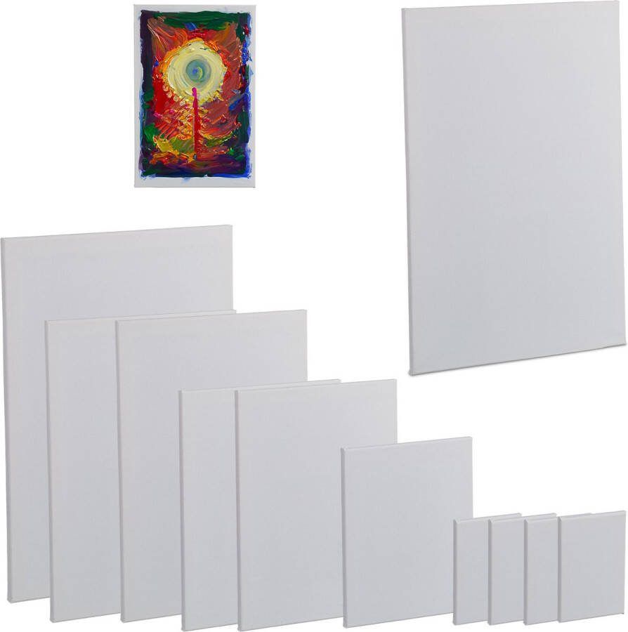 Relaxdays schildersdoek set van 12 rechthoekig 5 groottes lijst met doek katoen