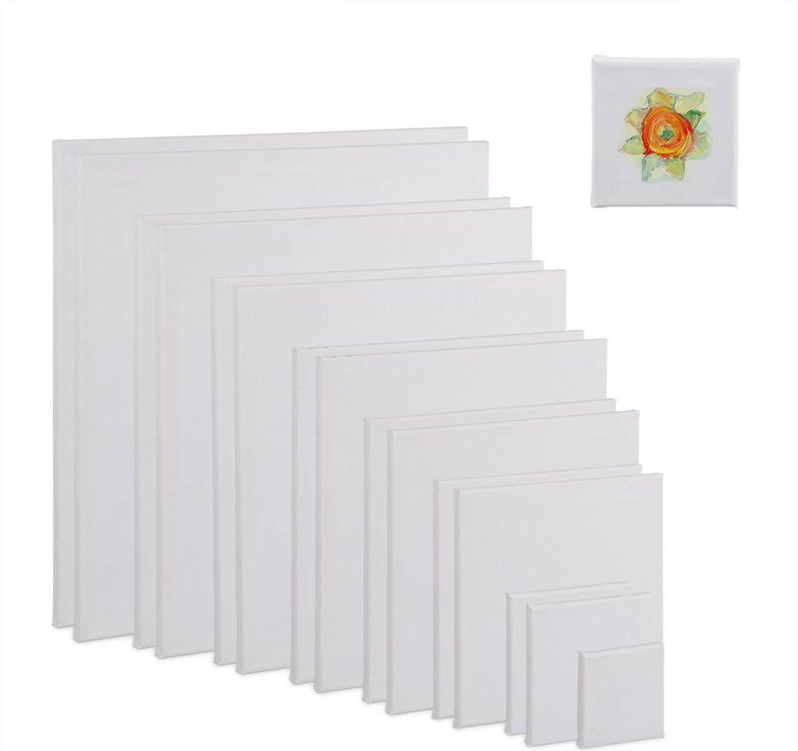 Relaxdays schildersdoek set van 16 acryl & aquarel 8 groottes vierkant 10-50 cm