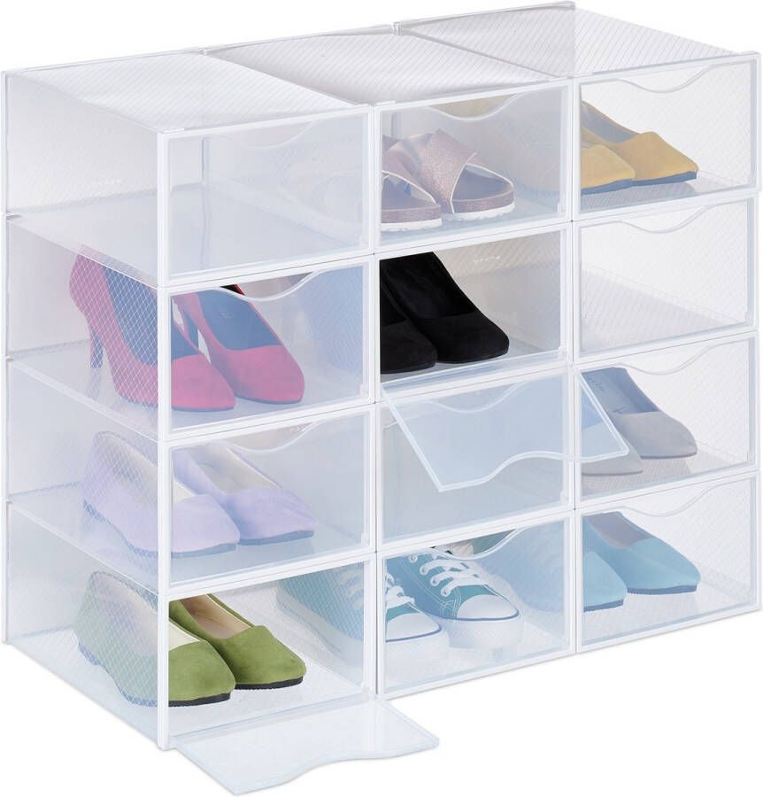 Relaxdays schoenenbox kunststof set van 12 doorzichtig opbergbox schoen stapelbaar