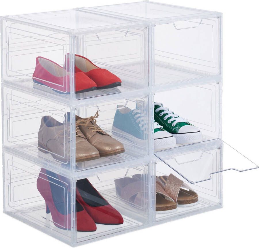 Relaxdays schoenenbox kunststof set van 6 doorzichtig opbergbox schoen stapelbaar