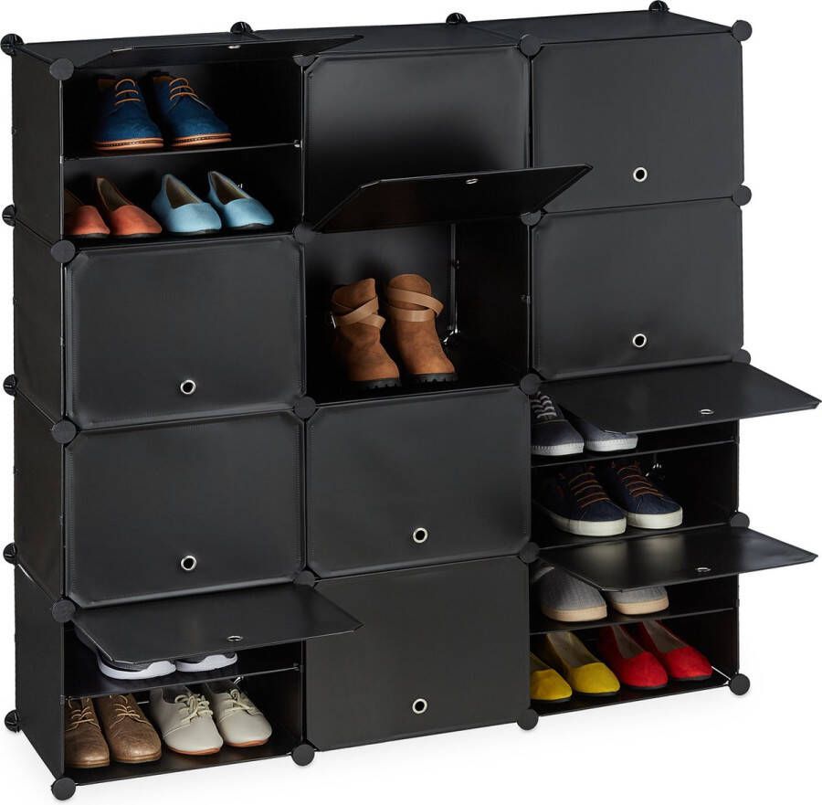 Relaxdays schoenenkast zwart 24 vakken schoenen opbergkast hal gesloten kunststof