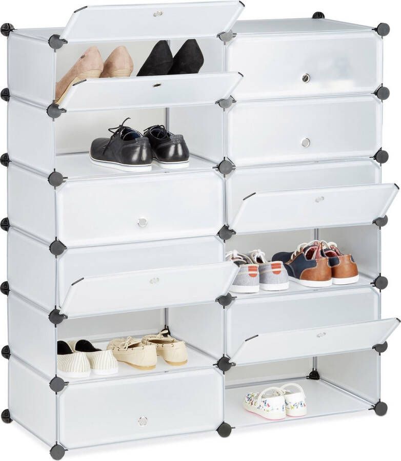 Relaxdays schoenenrek 12 vakken schoenenkast XXL groot rek kunststof kliksysteem doorzichtig