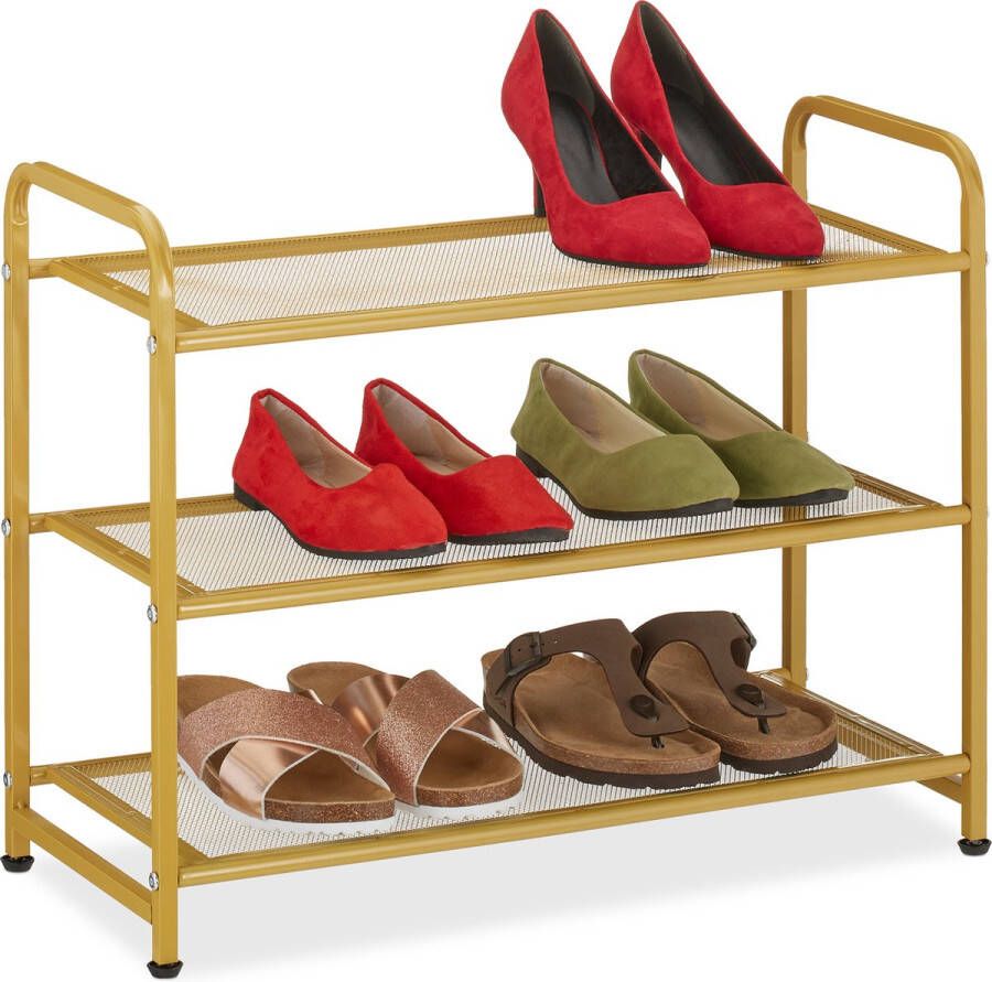 Relaxdays schoenenrek 6 paar schoenen schoenenmeubel 3 etages- staal modern goud