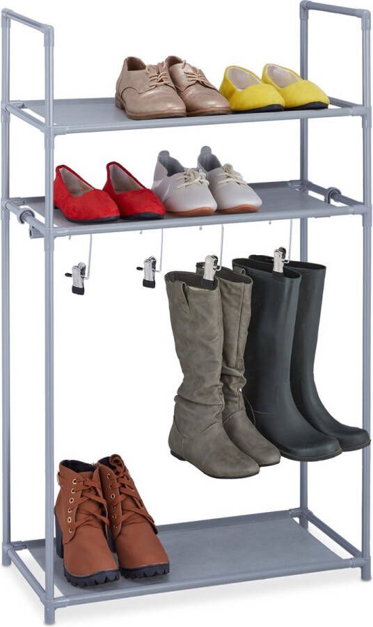 Relaxdays schoenenrek laarzen open schoenenkast hal schoenen organizer met 3 etages grijs