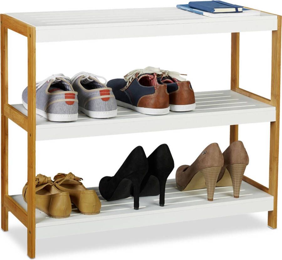 Relaxdays schoenenrek wit schoenenkast open schoenen opbergrek bamboe en MDF 3