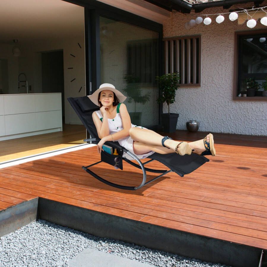 Relaxdays schommel ligbed ligstoel met kussen relaxstoel ergonomisch zonnebed -zwart