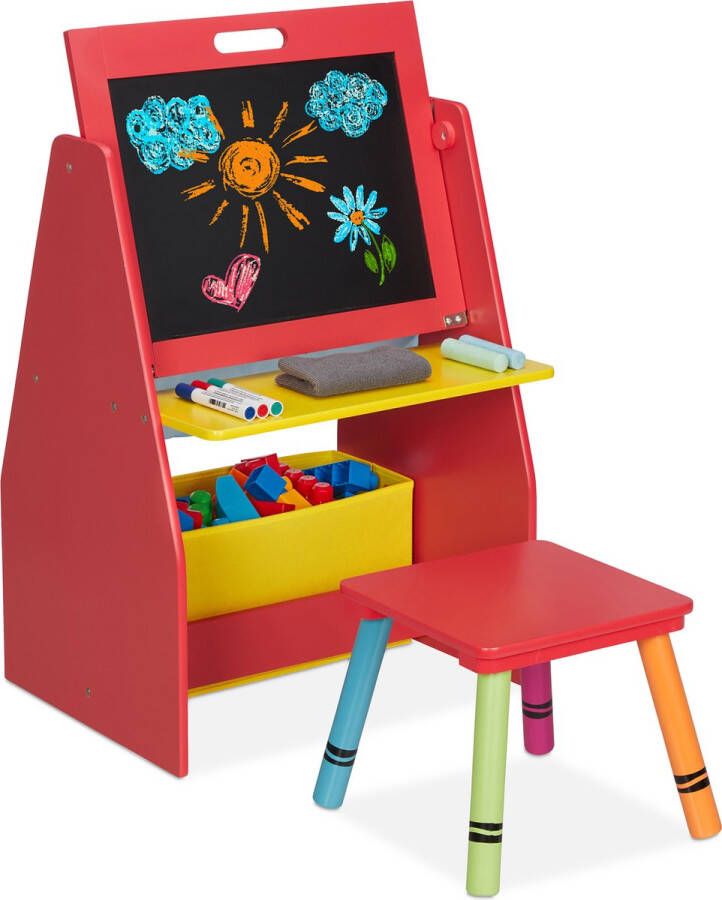 Relaxdays schoolbord kind en opbergkast speelgoed in 1 krijtbord tekenbord peuter