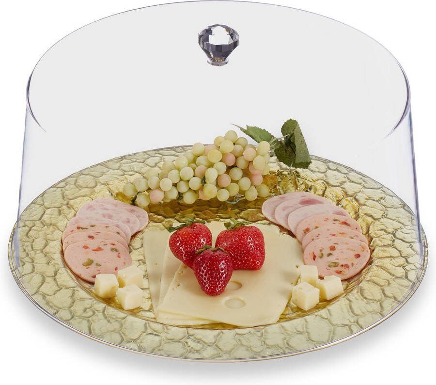 Relaxdays serveerbord met deksel gouden serveerschaal glas ronde serveerplaat hapjes