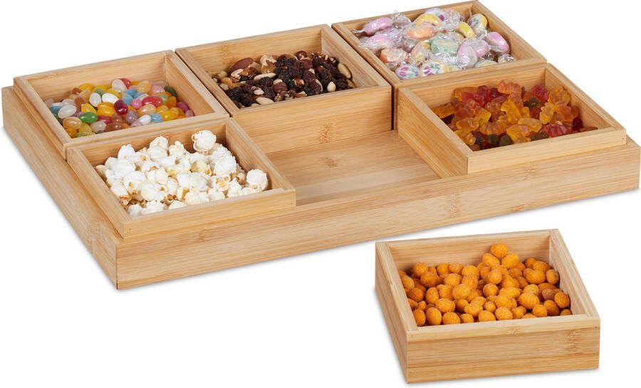 Relaxdays serveerschaaltjes op plank bamboe borrelschaaltjes snackschaal met vakjes