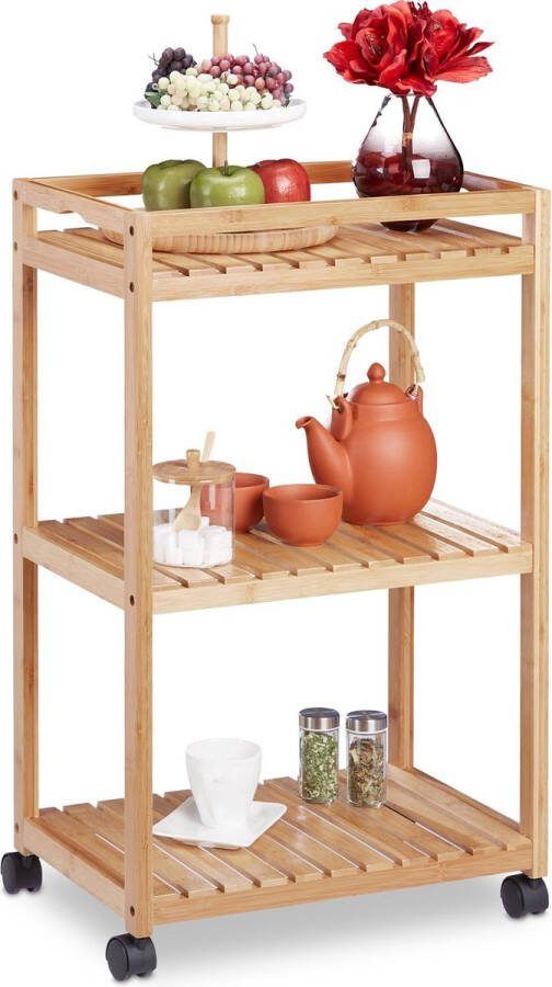Relaxdays serveerwagen bamboe 3 planken keukentrolley roltafel keuken trolley
