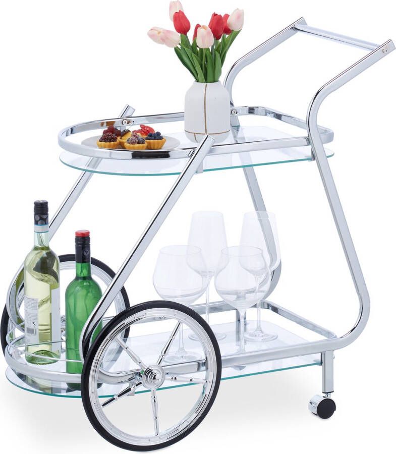 Relaxdays serveerwagen chroom op wieltjes keukentrolley glas theewagen 2 etages