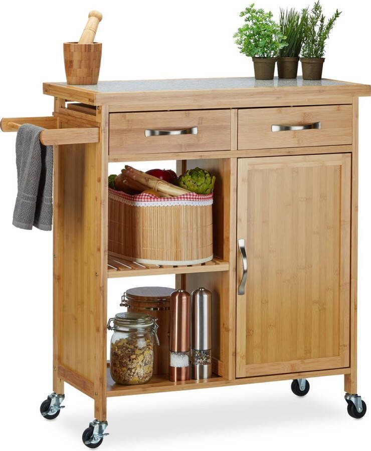 Relaxdays Serveerwagen hout keukentrolley bamboe theewagen keukenwagen trolley