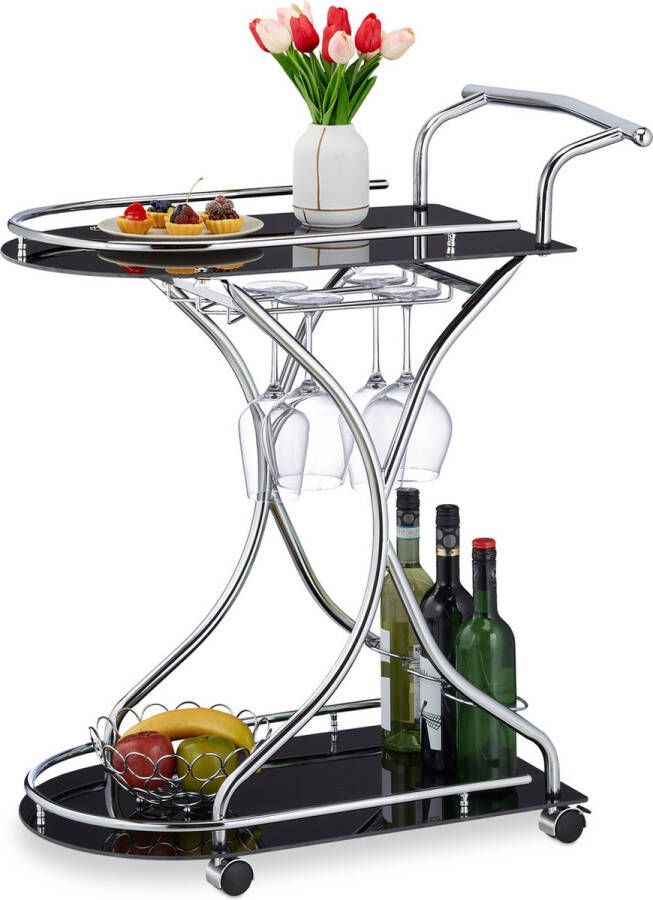 Relaxdays serveerwagen op wieltjes keukentrolley zwart roltafel keuken glas
