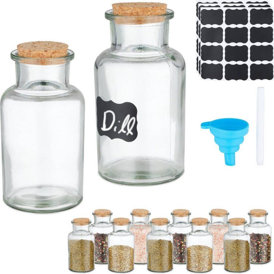 Relaxdays set van 12 kruidenpotjes kurken deksel 250 ml glazen potjes met etiket