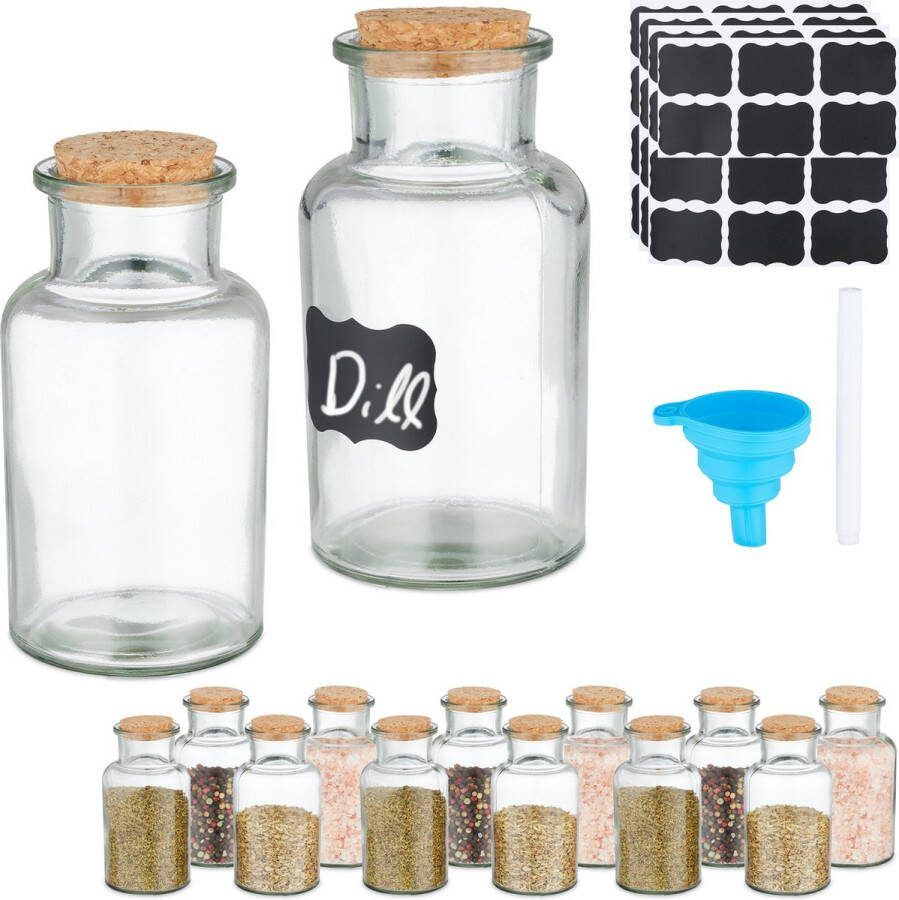 Relaxdays set van 14 kruidenpotjes glazen potjes kurken dop 250 ml labels & stift