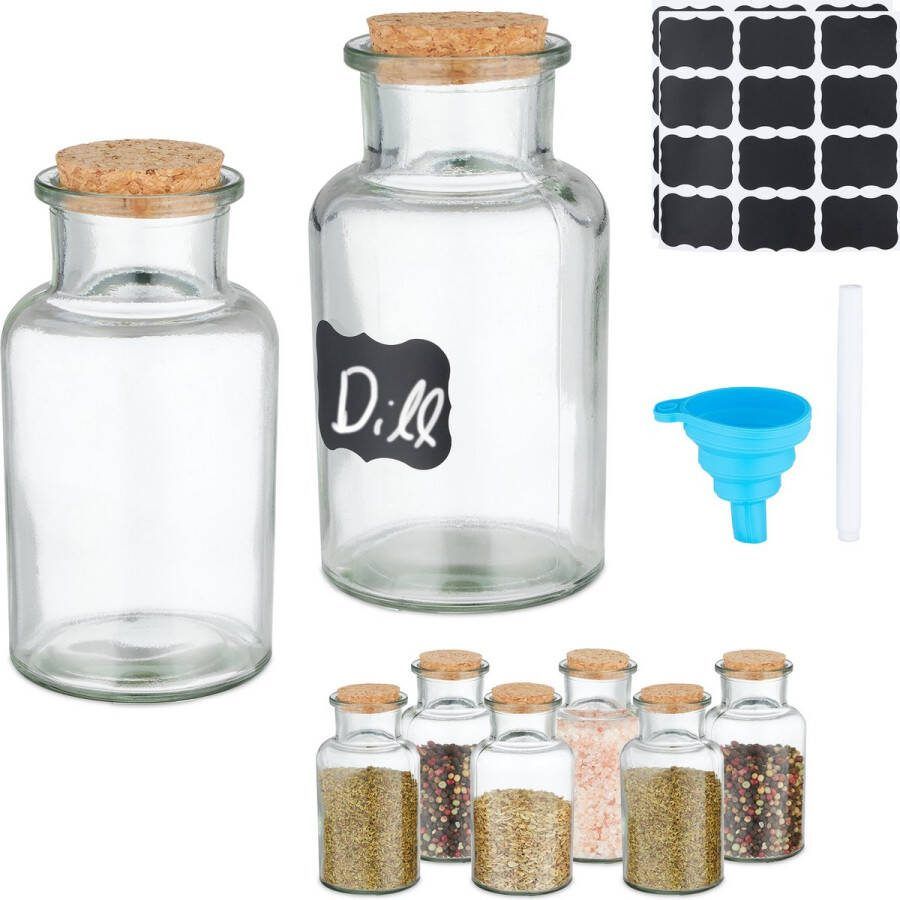 Relaxdays set van 8 kruidenpotjes kurken deksel 250 ml kleine potjes glas