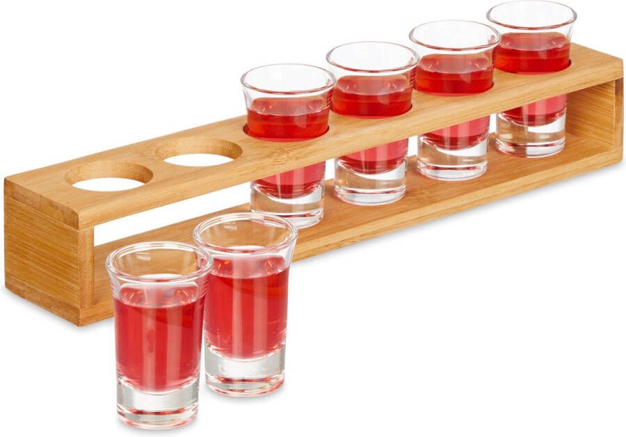 Relaxdays shotglaasjes met houder set van 6 mini schnapsglazen herbruikbaar glas