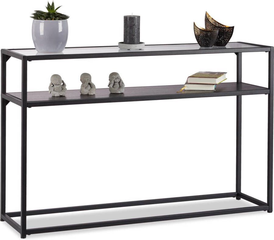 Relaxdays sidetable glas wandtafel metalen onderstel glastafel bijzettafel zwart