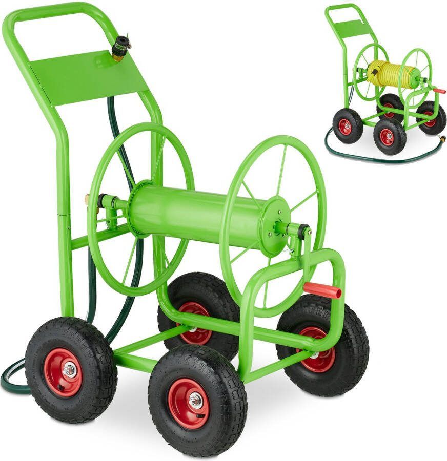 Relaxdays slangenwagen met aansluitslang 4 luchtbanden metalen tuinslangwagen haspel