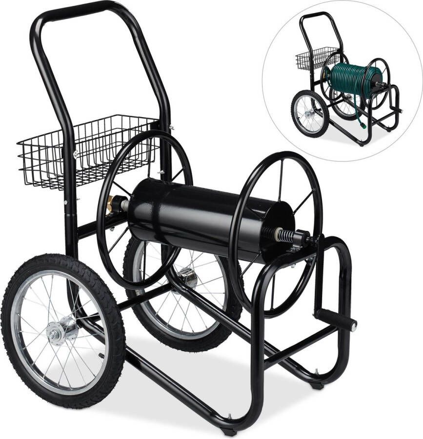 Relaxdays slanghaspel metaal slangenwagen XL tuinslanghaspel 2 wielen met mandje