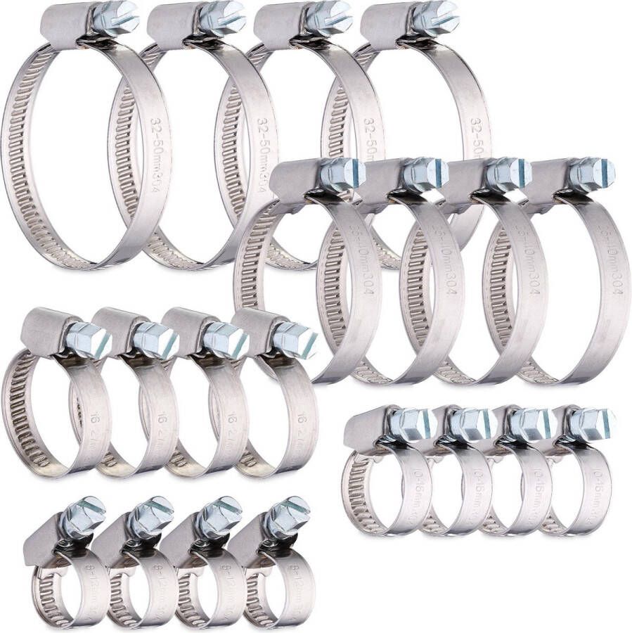 Relaxdays Slangklem rvs set van 20 slangvergrendeling 8-50 mm slangkoppeling edelstaal