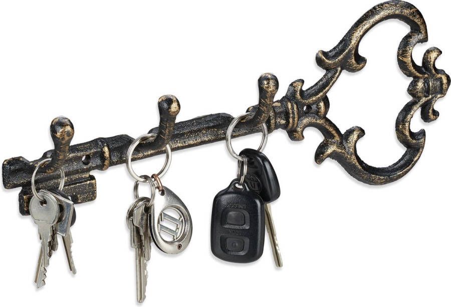 Relaxdays sleutelrekje vintage sleutel organizer sleutelvorm sleutelrek 3 haken bronzen