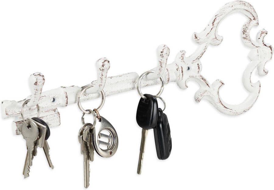 Relaxdays sleutelrekje vintage sleutel organizer sleutelvorm sleutelrek 3 haken wit