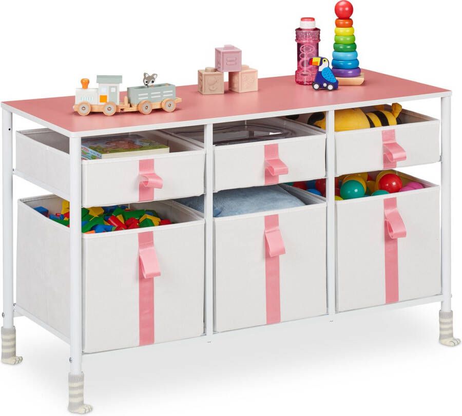 Relaxdays speelgoedkast 6 lades ladekast kinderkamer stof en metaal kinderkast roze