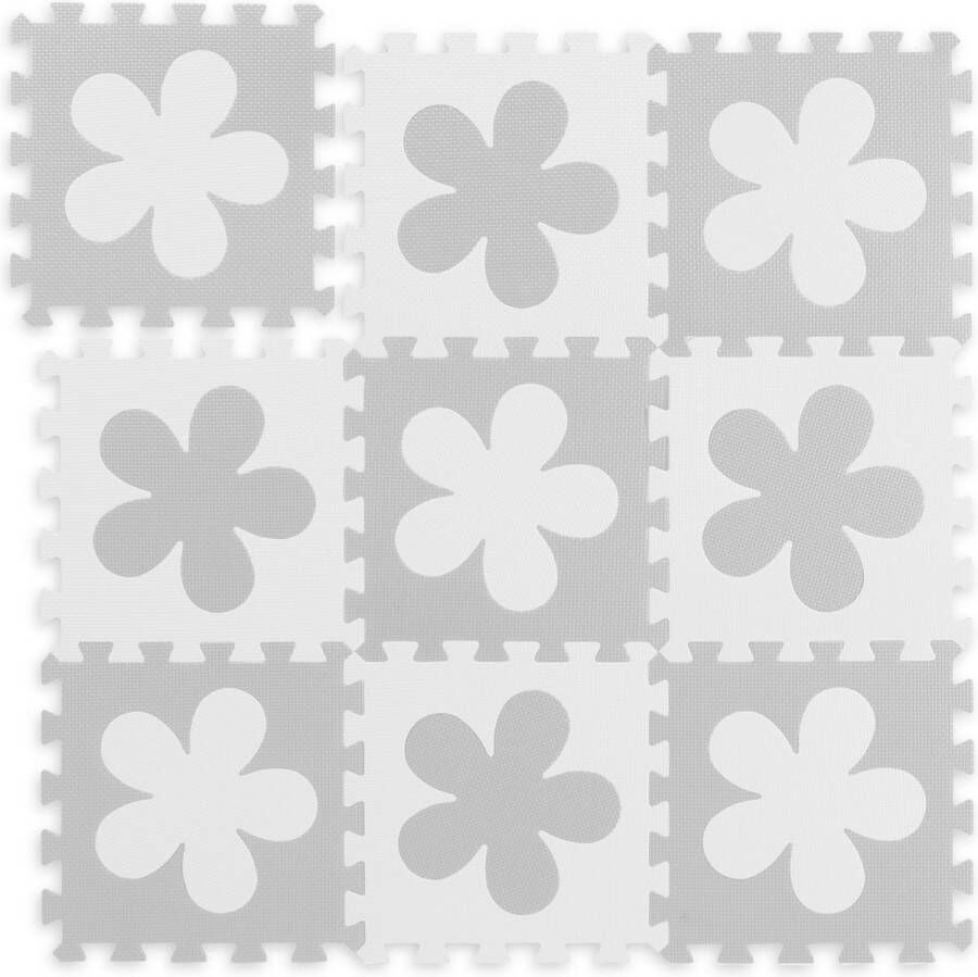 Relaxdays speelmat foam puzzelmat baby- puzzeltegels speeltegels bloemen speelkleed wit-grijs