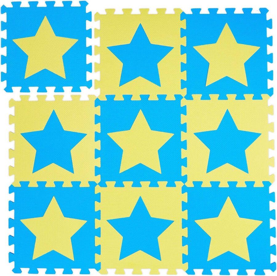 Relaxdays speelmat foam sterren puzzelmat kinderen speelkleed vloermat eva schuim blauw-geel