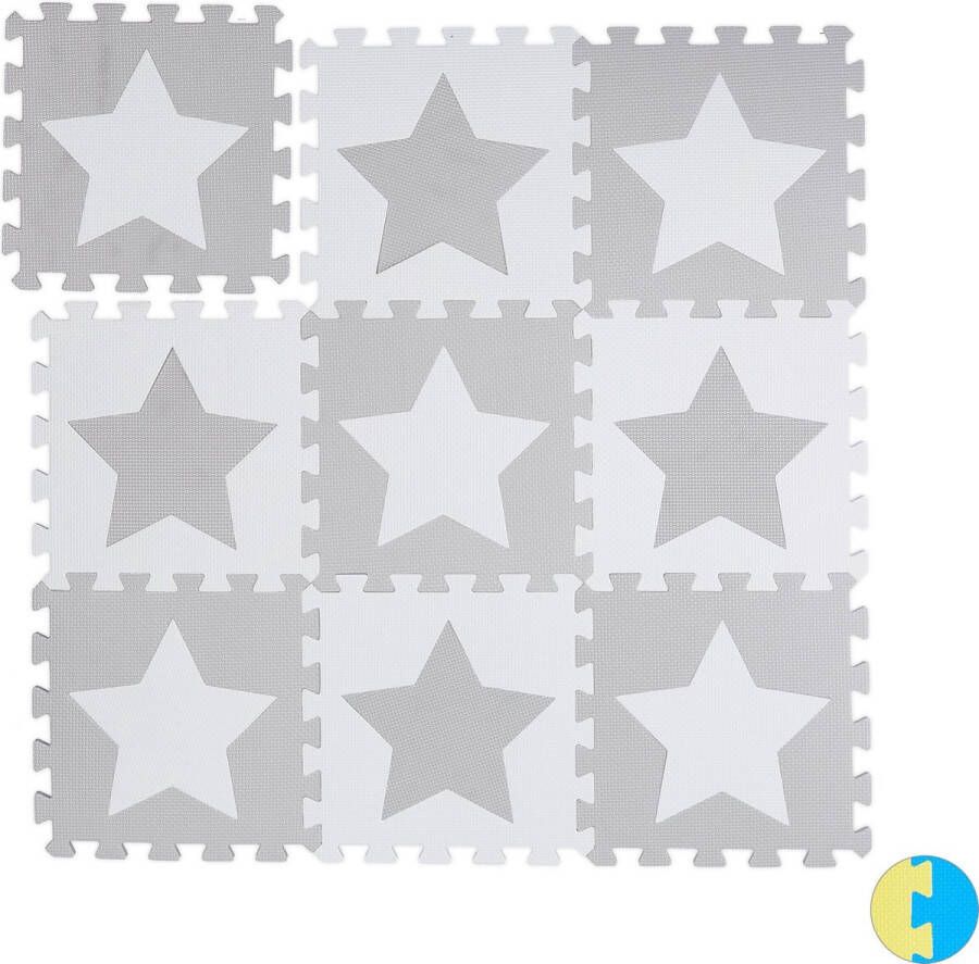 Relaxdays speelmat foam sterren puzzelmat kinderen speelkleed vloermat eva schuim wit-grijs