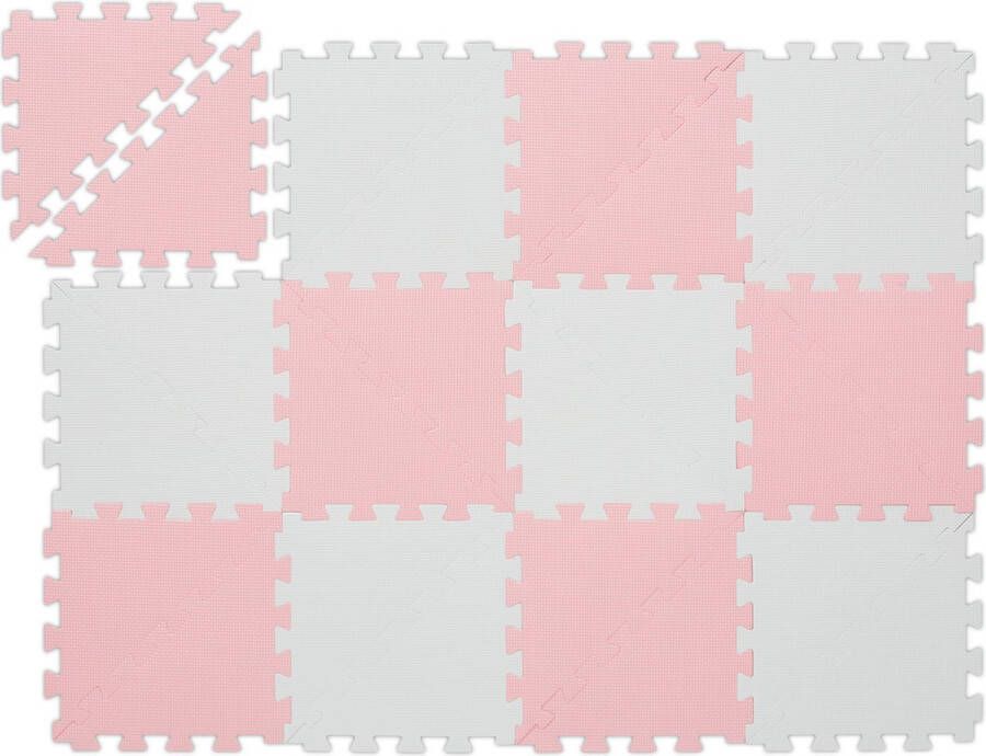 Relaxdays speelmat puzzel 12-delig roze-wit puzzelmat kinderkamer speeltegels