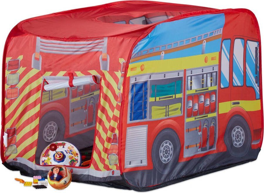 Relaxdays speeltent brandweer pop up kindertent tent met auto motief outdoor jongens