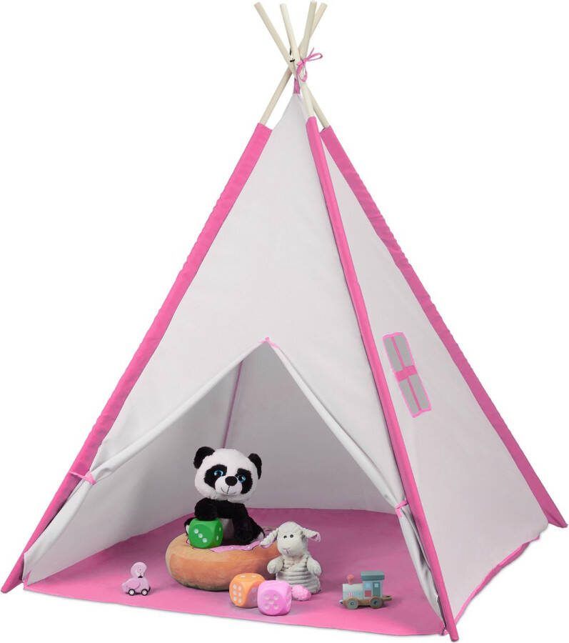 Relaxdays speeltent tipi roze kindertent met bodem kinderspeeltent houten frame stof
