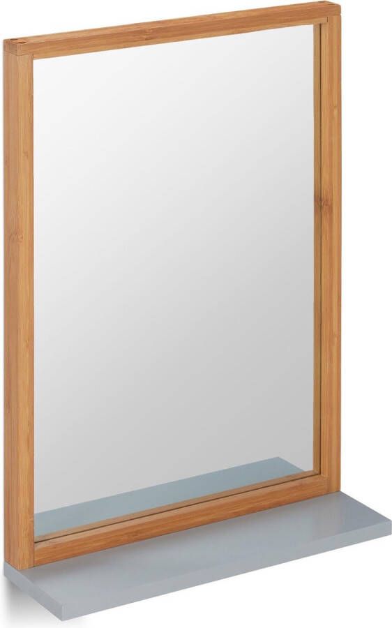 Relaxdays spiegel rechthoek wandspiegel badkamerspiegel met plankje houten lijst