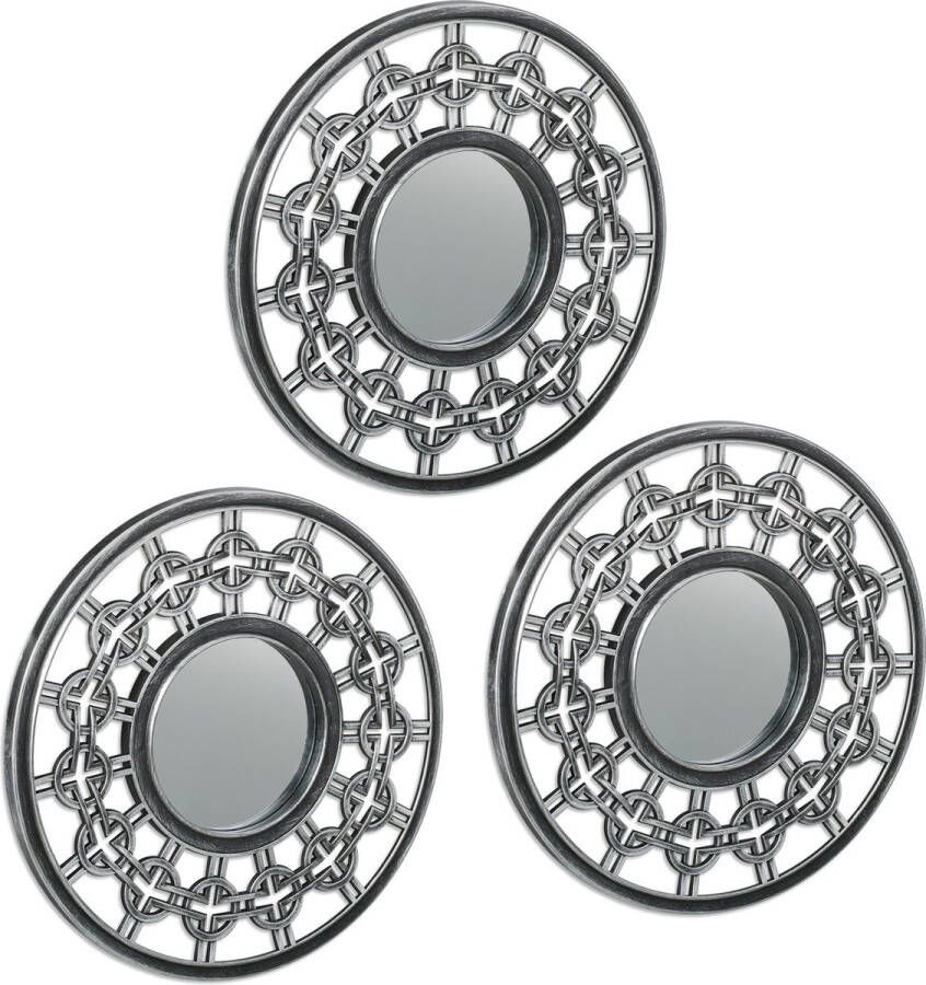 Relaxdays spiegel set van 3 ronde wandspiegel met dikke rand zilveren muurspiegel 25cm