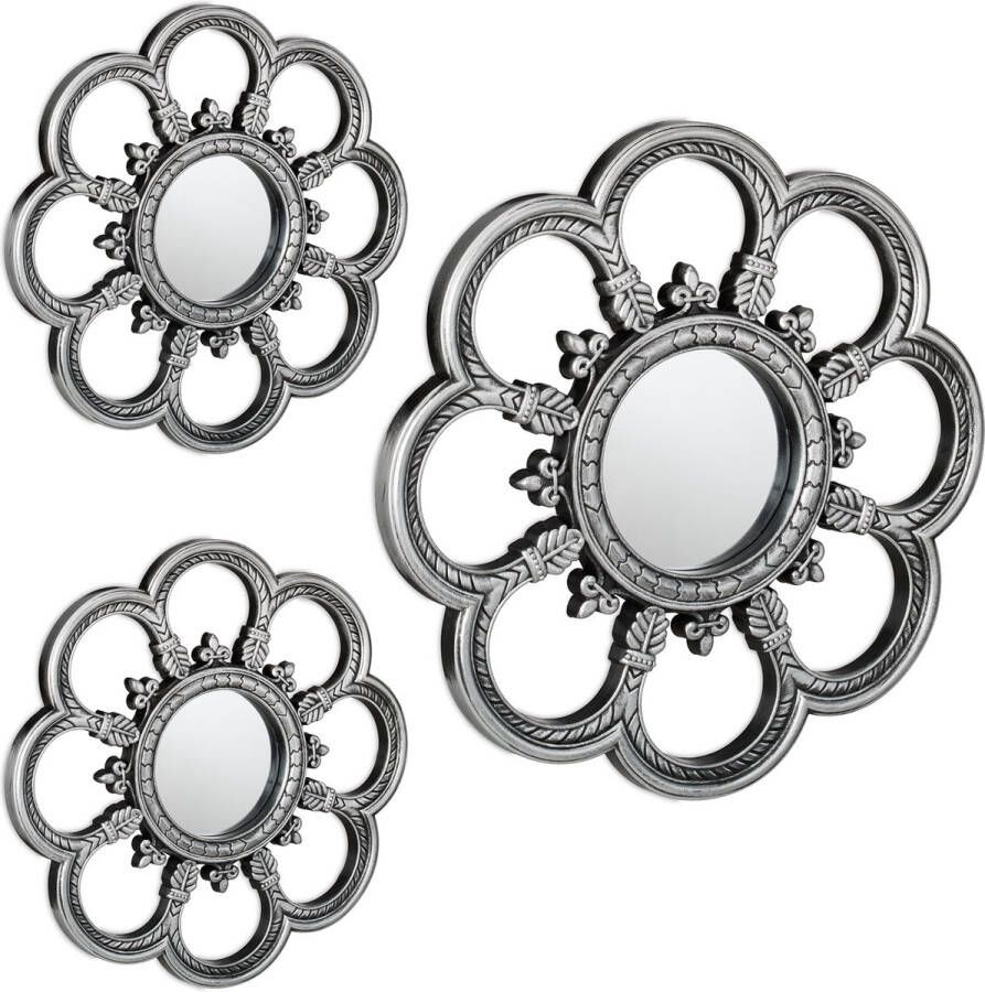 Relaxdays spiegel set van 3 sierspiegel bloem muurspiegel zilver wandspiegel 26 cm