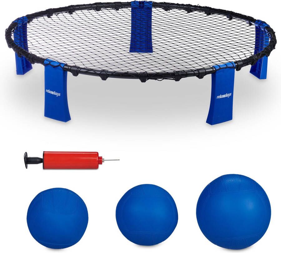Relaxdays spikeball set roundnet met 3 ballen roundball set draagtas en pomp blauw