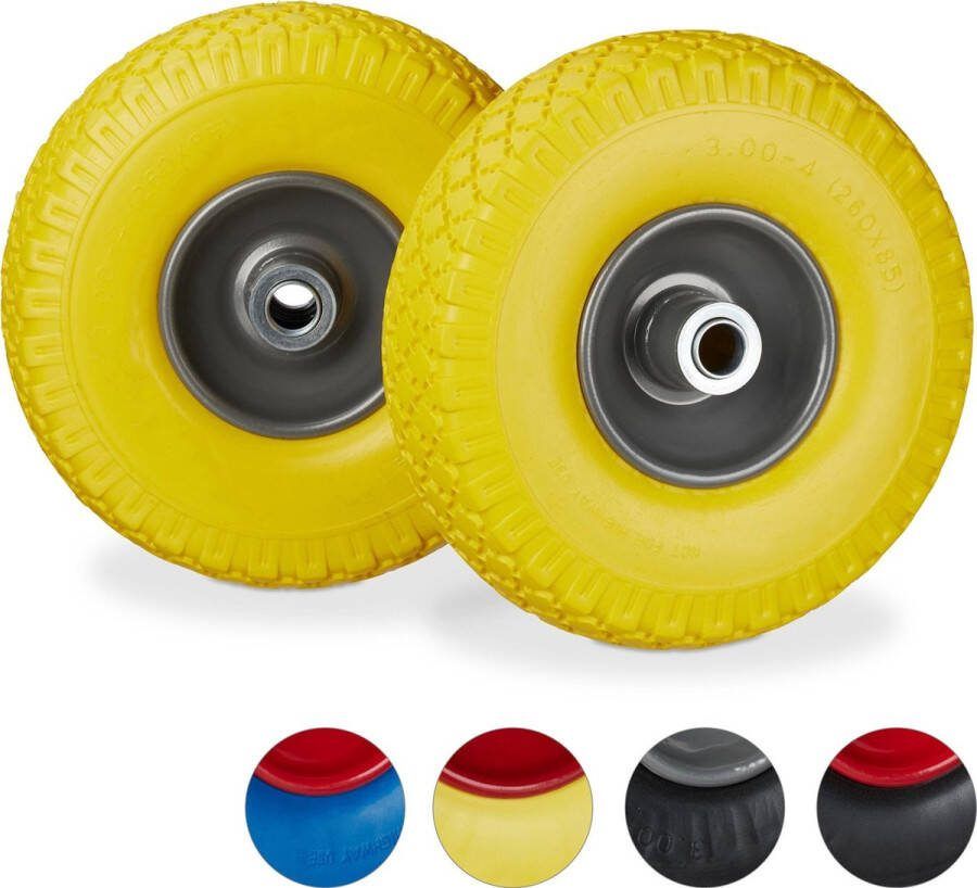 Relaxdays steekwagenwiel set van 2 stuks rubberband bolderkar 100 kg stalen velg Geel-grijs
