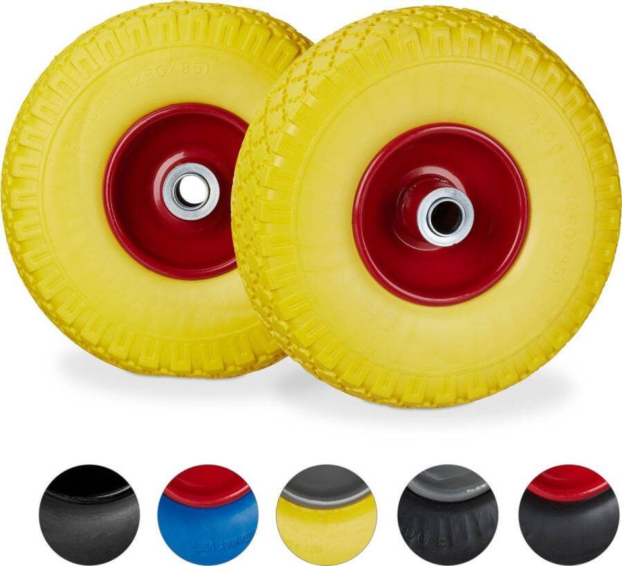 Relaxdays steekwagenwiel set van 2 stuks rubberband bolderkar 100 kg stalen velg Geel-rood