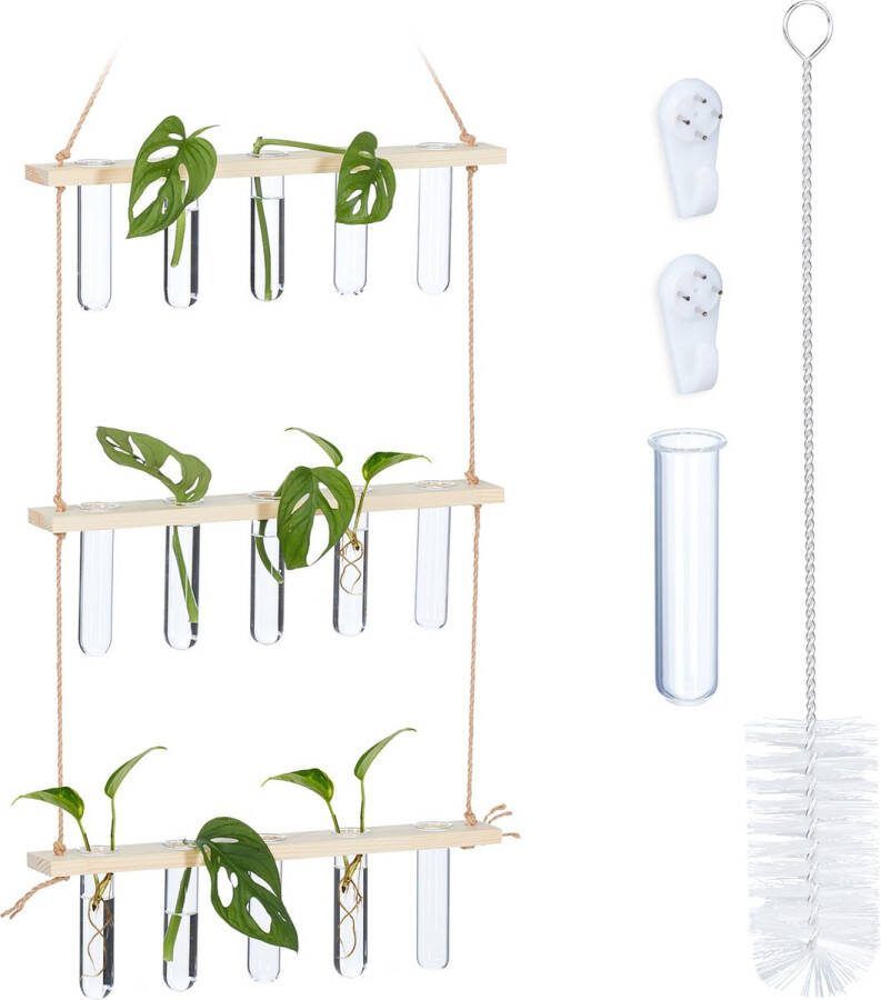 Relaxdays stekstation hangend houten stekjes rek 15 glaasjes stek vaasjes borstel