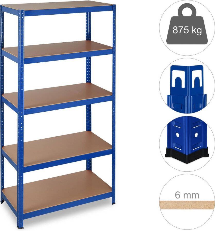 Relaxdays stellingkast blauw opbergrek 5 etages rek voor garage metaal MDF