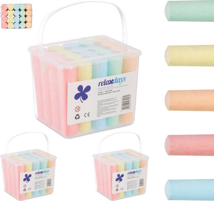 Relaxdays stoepkrijt met emmer set van 60 gekleurde krijtjes buiten kinderen