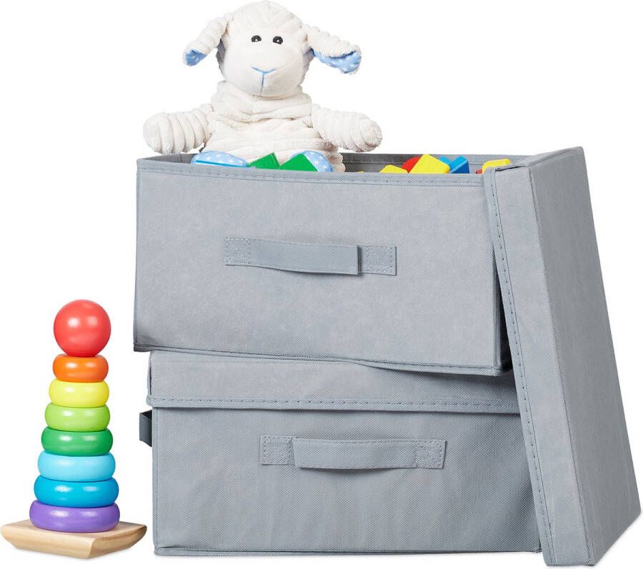 Relaxdays stoffen opbergdoos met deksel set van 2 handvatten opvouwbare opbergmanden
