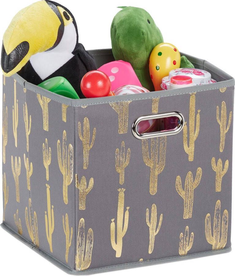 Relaxdays Stoffen opbergmand cactus print grijs opbergdoos vierkant kunststof
