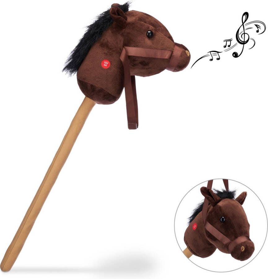Relaxdays stokpaard met geluid stokpaardje speelgoed paard op stok hout pluche