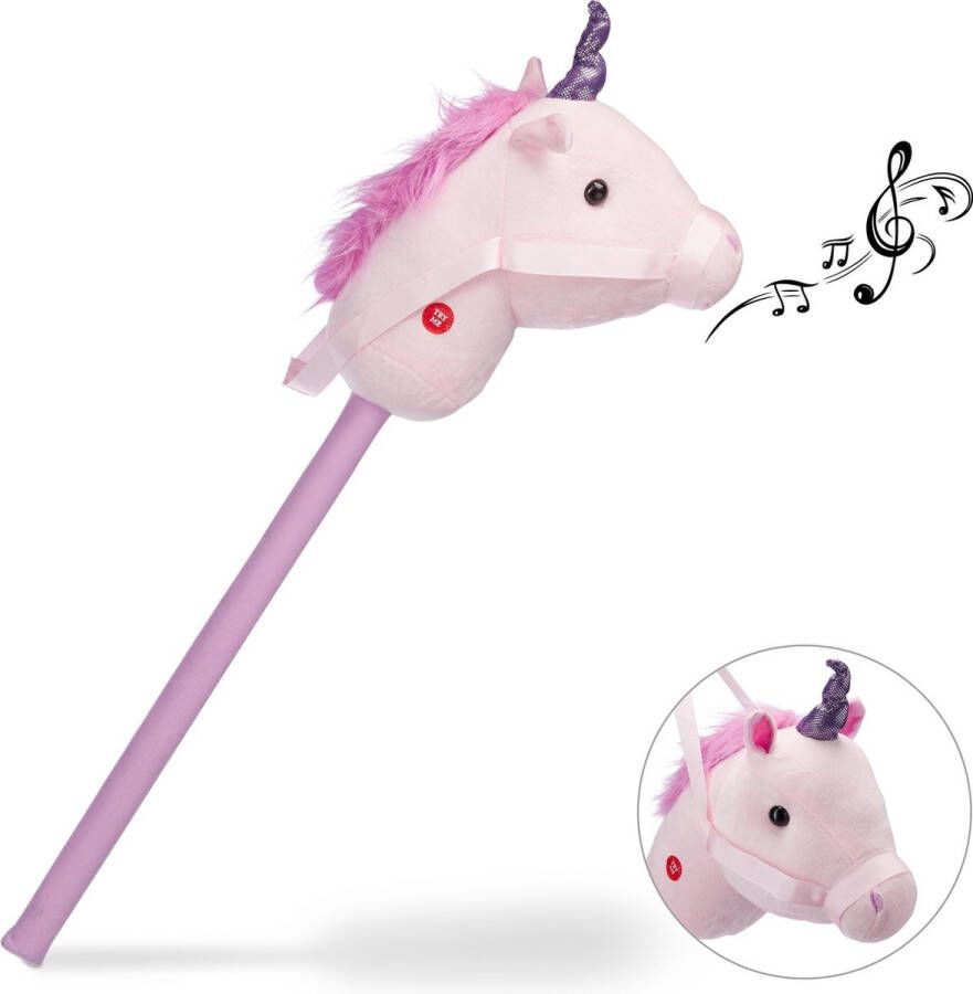 Relaxdays stokpaard unicorn stokpaardje met geluid eenhoorn roze speelgoed