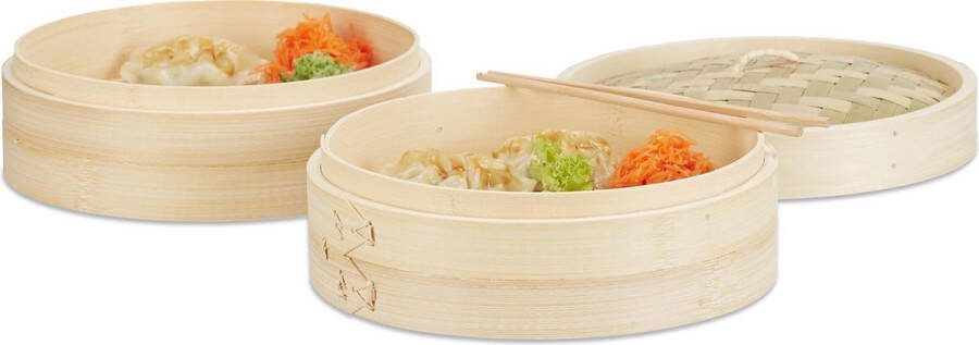 Relaxdays stoommand bamboe 24 cm stoommandje met deksel voor rijst driedelig