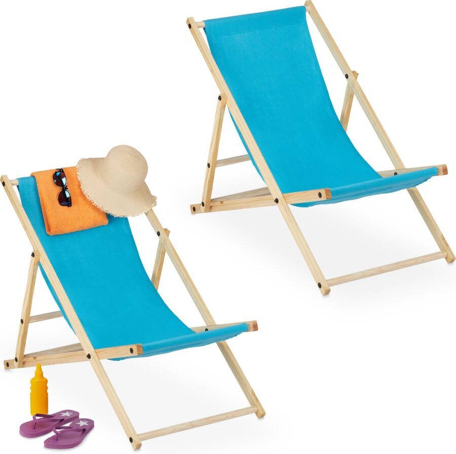 Relaxdays strandstoel hout set van 2 inklapbaar opvouwbare ligstoel verstelbaar light Blue