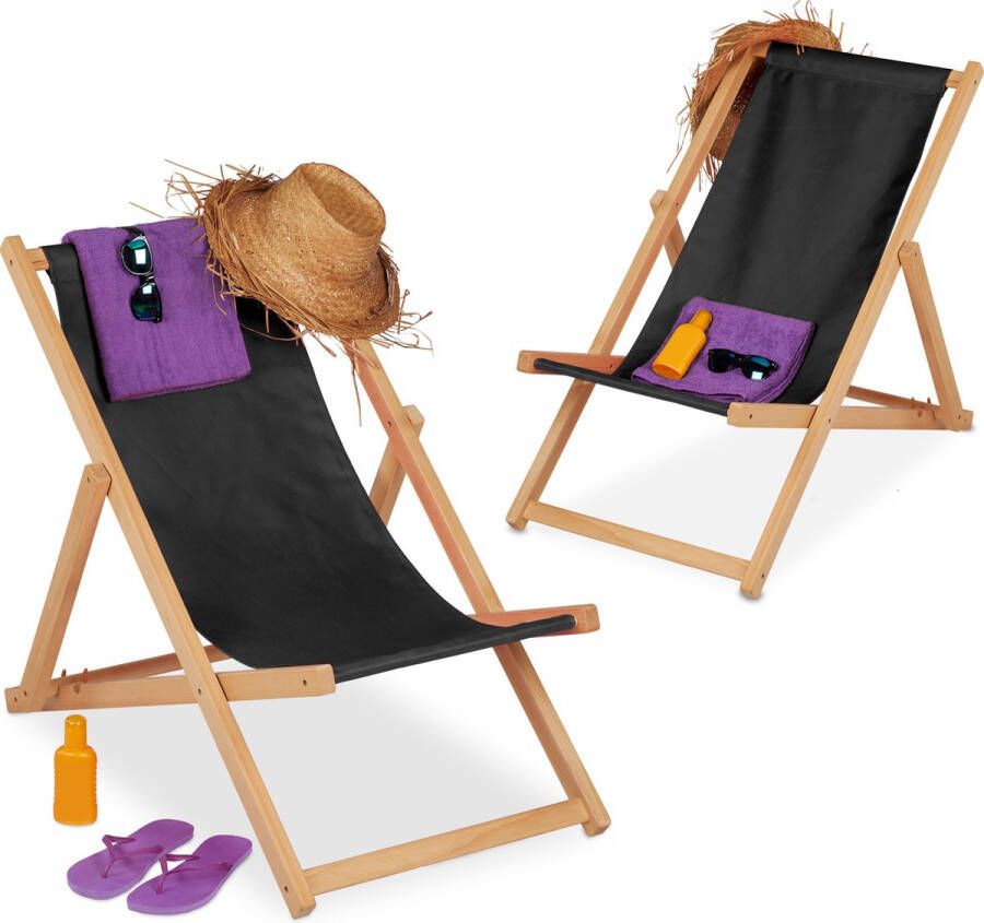 Relaxdays strandstoel hout set van 2 ligstoel strand verstelbare klapstoel voor tuin